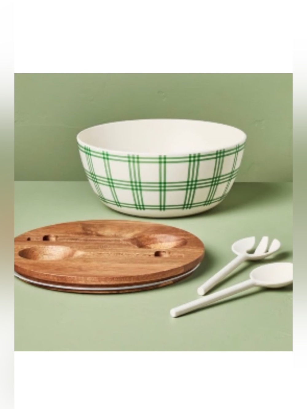 Hearth & Hand- 4pc TriStripe Green/Cream Melamine Serving Bowl & Utensil Set